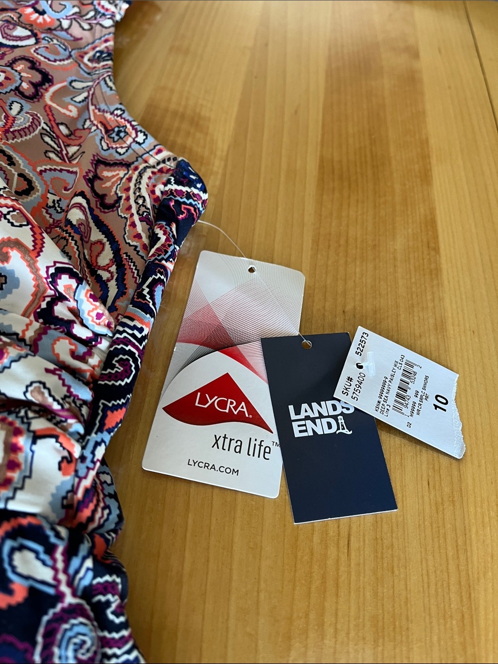 Lands' End Paisley One-Piece Swim Dress in Navy & Peach - Picture 2 of 4